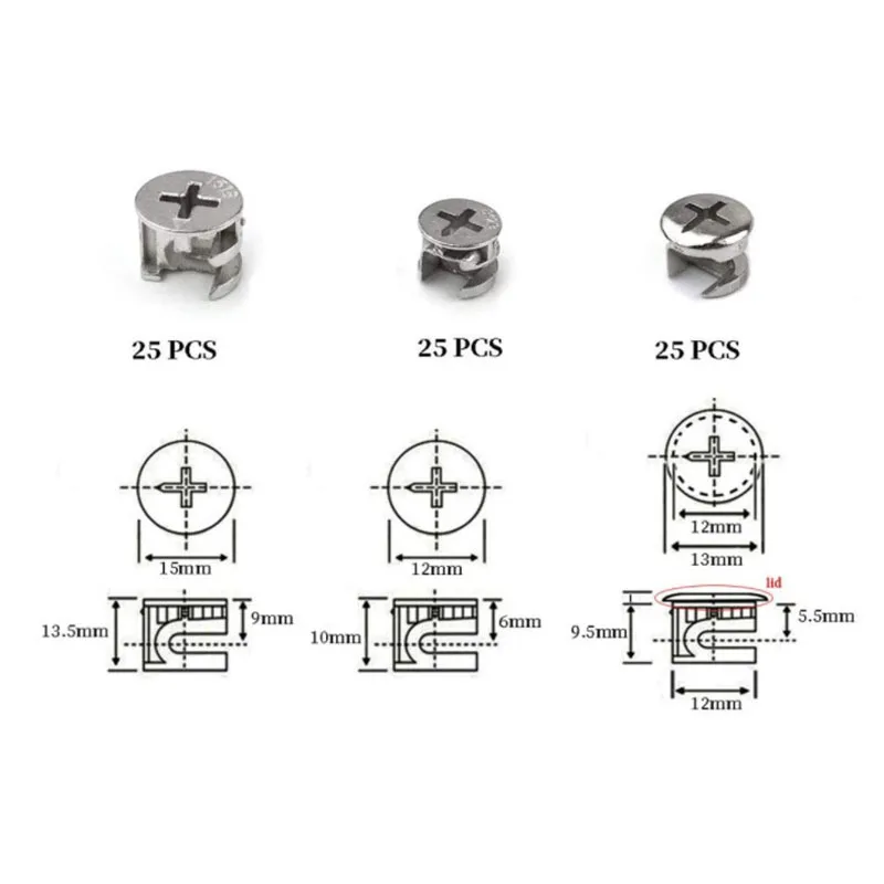 75Pcs/Box 3-in-1 Furniture Connectors, Zinc Alloy Galvanized Eccentric Cam Fasteners for Cabinet Wardrobe Installation