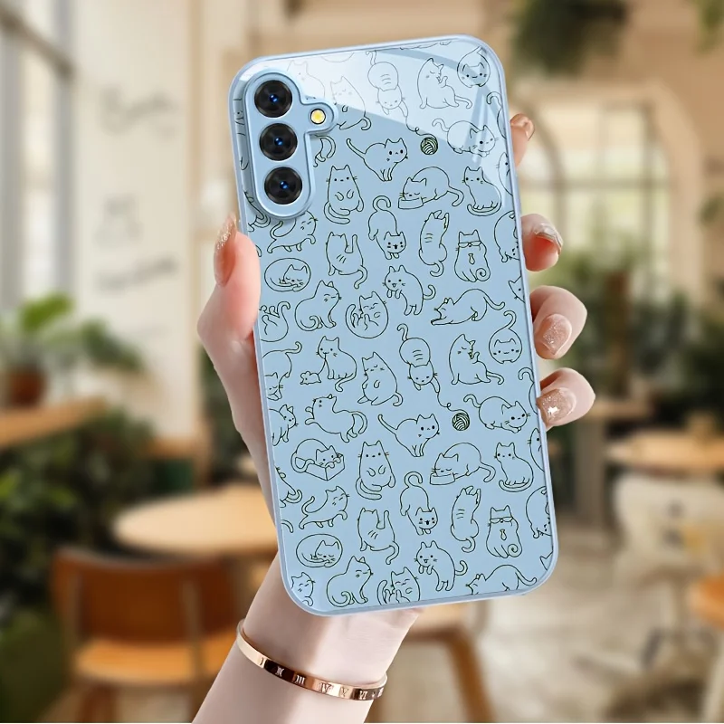 Light Blue Cute Line Doodle Cats Phone Case for Samsung Galaxy S26 S25 S24 S23 Ultra Plus Glass Len Protector Shockproof Cover