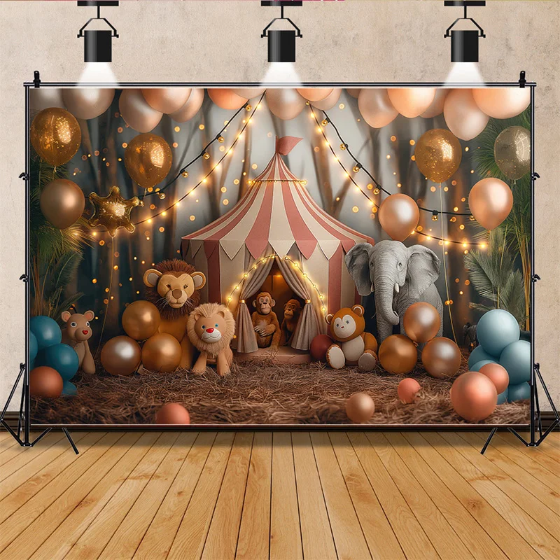SD-04ฉากหลังเต็นท์ละครสัตว์พร้อมกันสาดลายทางสำหรับถ่ายรูปป๊อปคอร์นลูกโป่งของตกแต่งปาร์ตี้วันเกิดรูปสัตว์สตูดิโอ