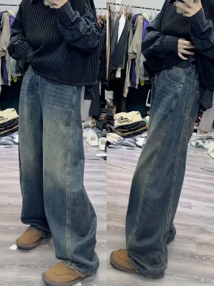 

Синие широкие джинсы свободного кроя с высокой талией, женские осенние новые винтажные брюки размера плюс, повседневные брюки