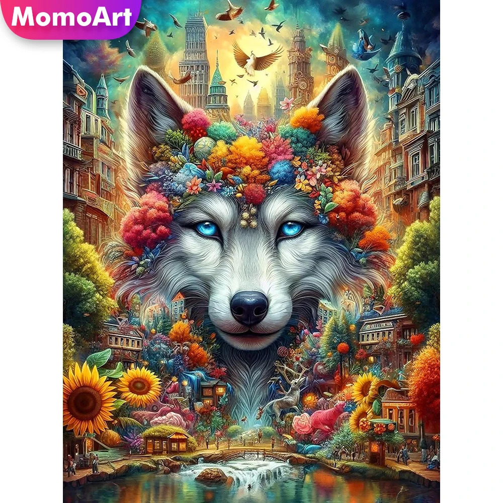 Momoart Diamantmalerei Wolf Tier DIY Bild Strass Diamant-Mosaik Blume Neuerscheinung Stickerei Handgemachtes Hobby