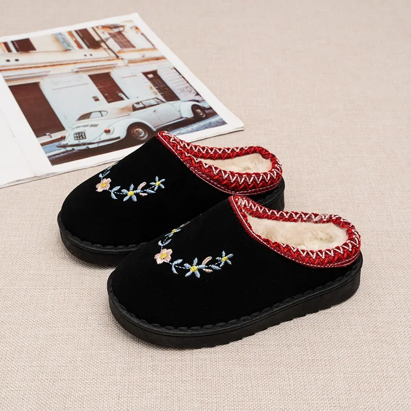 Toddler Kids Floral Embroidery Winter Slippers Fleece‑Lined Thick Sole Slip‑On Warm House Shoes