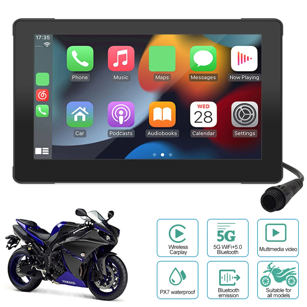 7Inch Motorcycle HD Display GPS Navigation Built-in Carplay/Android Auto WIFI/BT Link Wireless GPS Touch Screen Waterproof IPX7