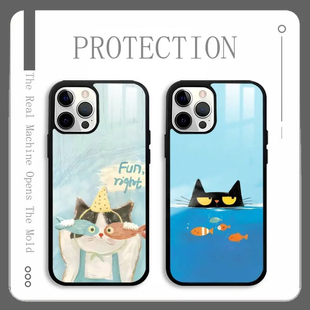

A Cute Comic Cat Art Phone Case For IPhone 17 16 15 14 13 12 11 Pro Max Plus Mini Plus Hard Mirror Surface Protect Funda