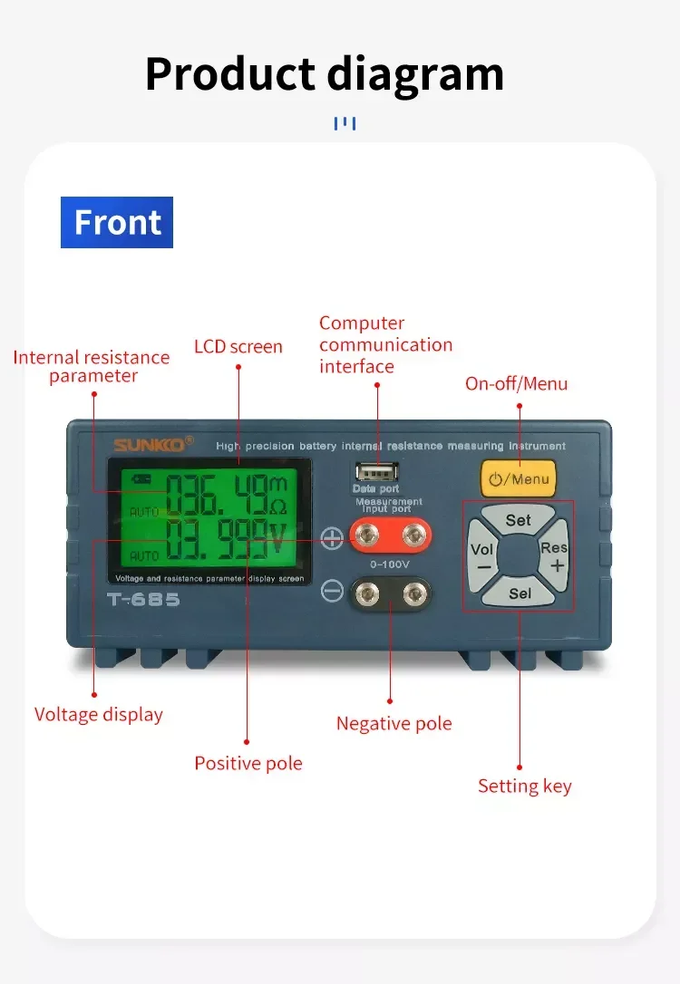 SUNKKO T-685 Bilingual high precision battery voltage and internal resistance tester