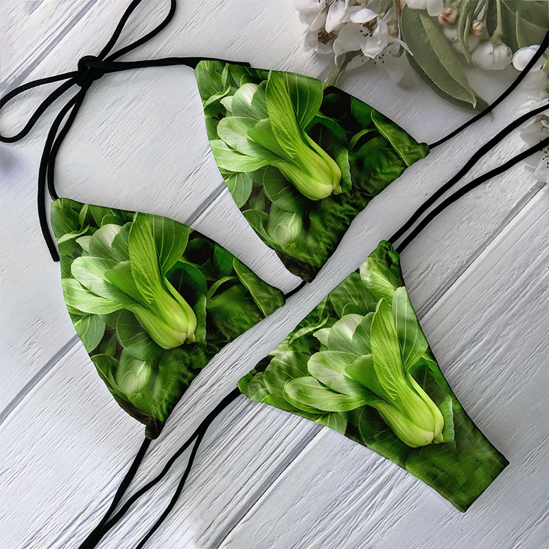 Traje de Bikini con cuello Halter para mujer, traje de baño de cintura baja con estampado 3D de verduras y comida, traje de baño Sexy para playa,