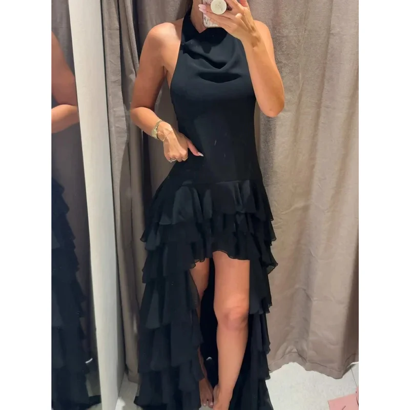 Vestido feminino com decote halter, moda em camadas, decoração, zíper lateral, comprimento médio, sem mangas, costas nuas, vestido de festa, temperamento sexy