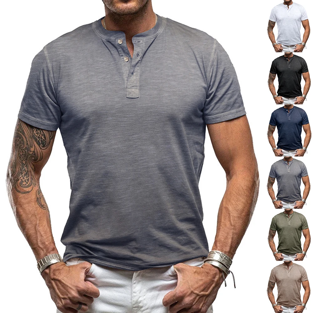 Men Casual Half Open Collar T-Shirt Summer New Solid Color Short Sleeve Tees Street Commuting Fashion Henley T-shirt Tops Male