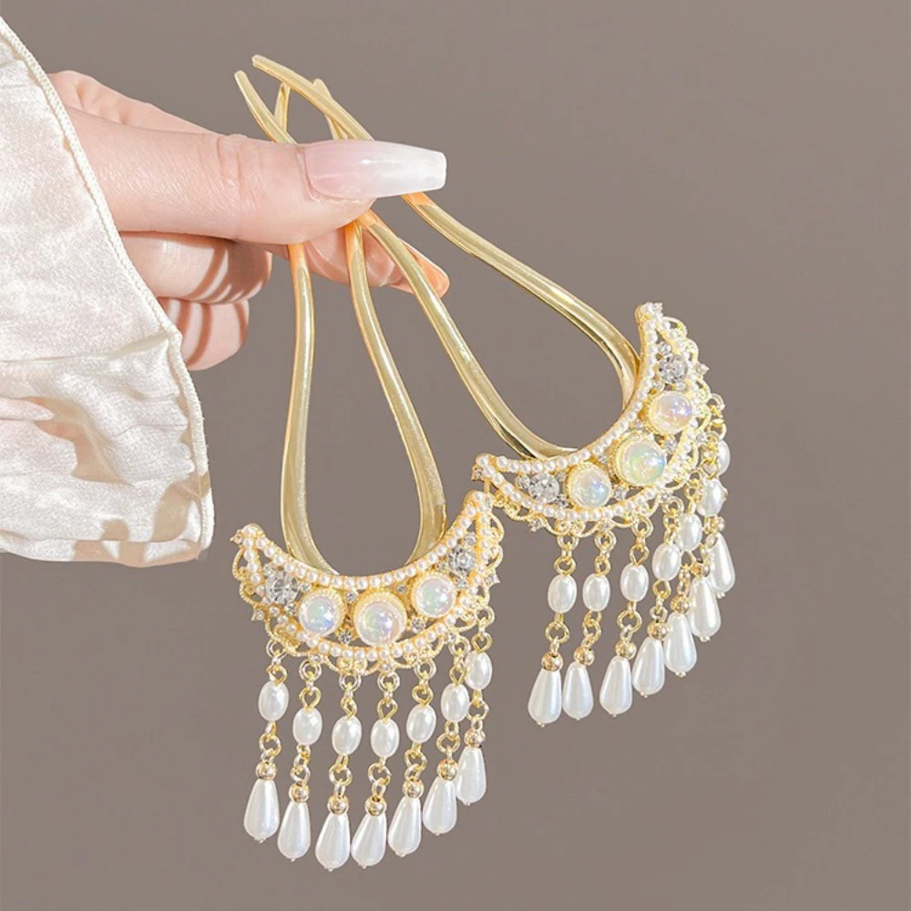 

1pc U Shaped Hair Sticks Forks Pearls Tassel Pendant Decor Ancient Chinese Style Hair Bun Maker Shiny Rhinestone Designs
