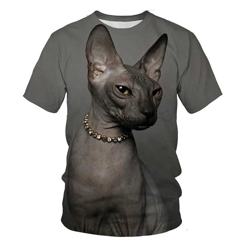 男性と女性のための面白い動物のTシャツ,髪のない猫のプリントが施された3Dストリートウェア,ラウンドネック,カジュアルなTシャツ,原宿のTシャツ