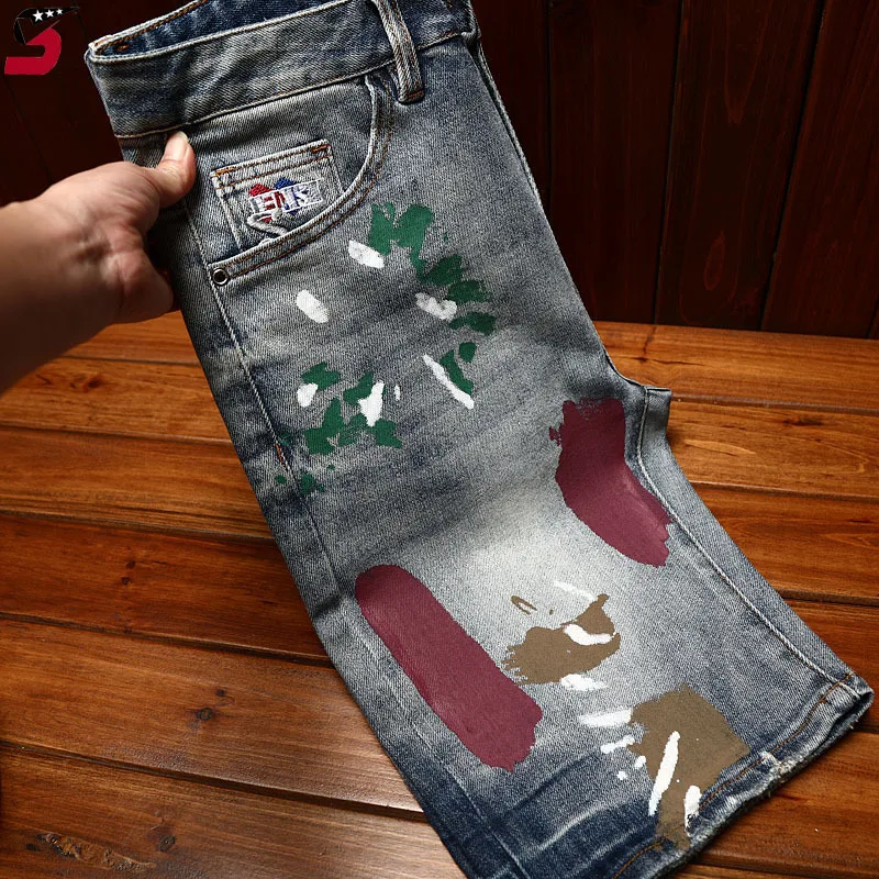 High-End and Fashionable Paint Printing Denim Shorts Men's Locomotive Style Stretch Slim Trendy Summer Ripped Cropped Pants
