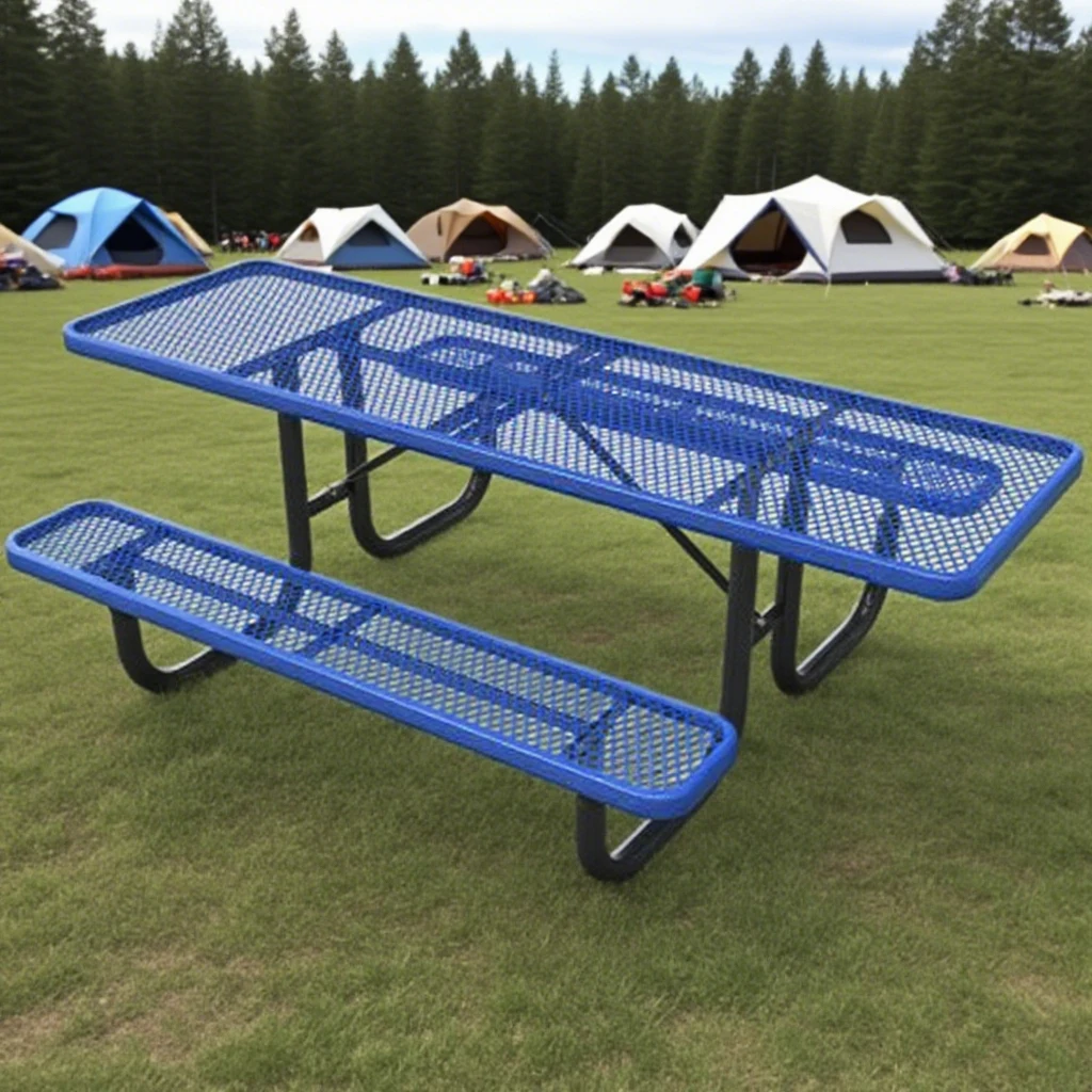 8-Ft Rectangular Expanded Metal Picnic Table Modern Design Heavy Duty Galvanized Steel Outdoor Garden Table with Benches