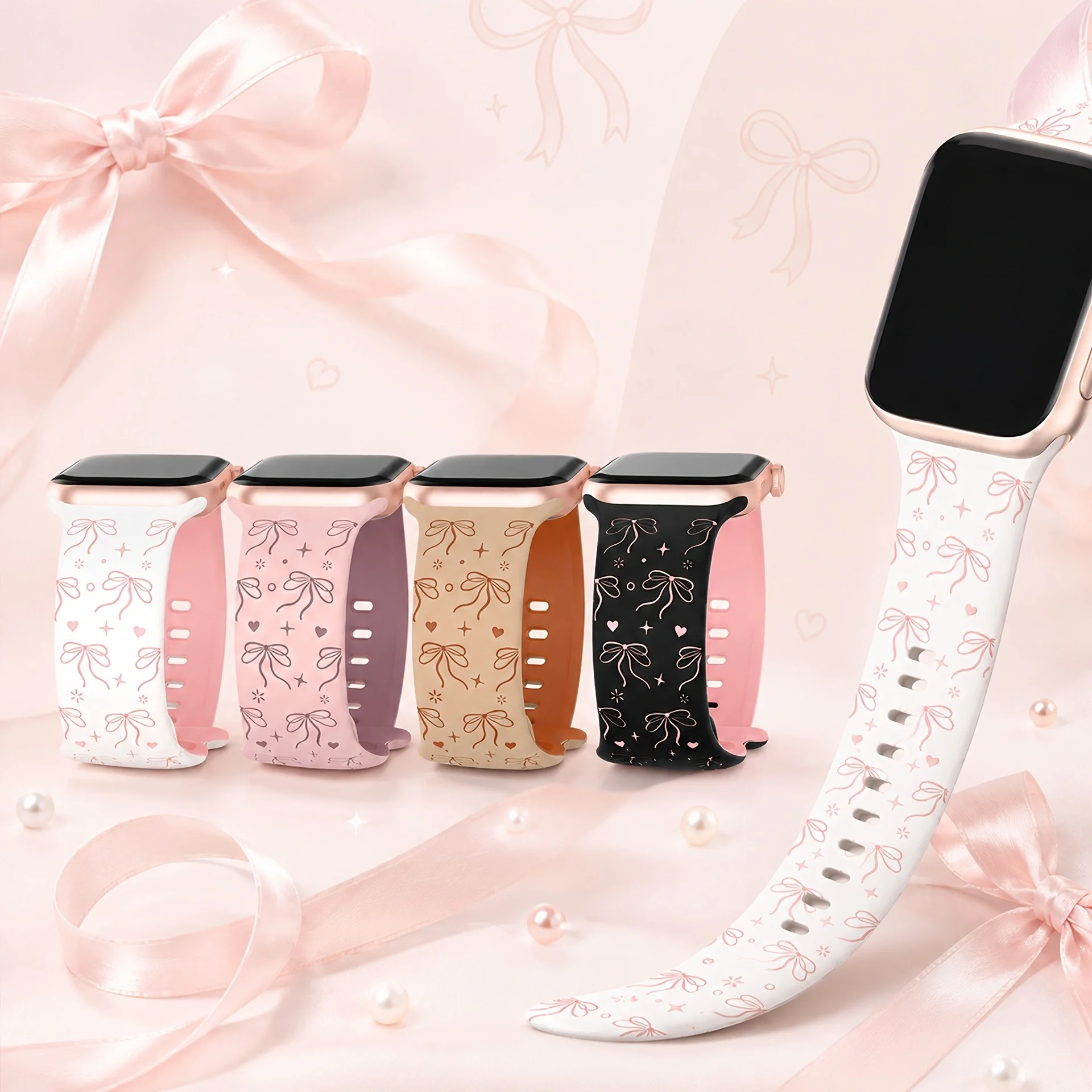Armband mit Schleifenmuster für Apple Watch 38/40/41/42/44/45/46/49 mm, süßes, weiches Silikonarmband für Damen, passend für iWatch Series 12, 11, 10, 9, 8, 7, 6, 5, 4, SE.