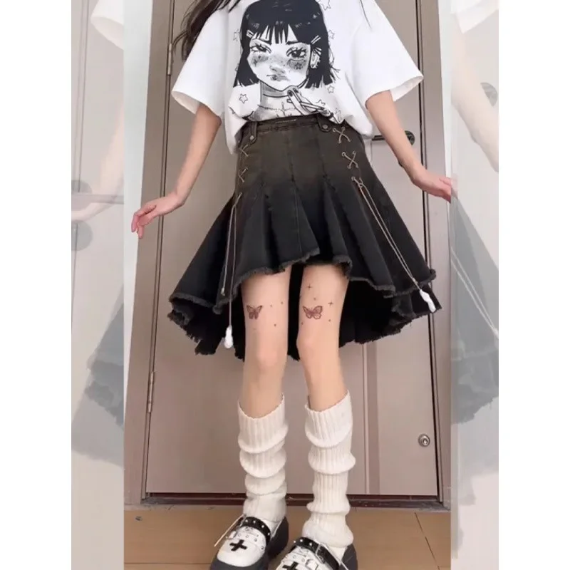 ファッションユニークな女性のデニムスカート夏ハイウエスト非対称kawaiiミニスカートy2k Streewearヒップホップ音楽パーティースカート