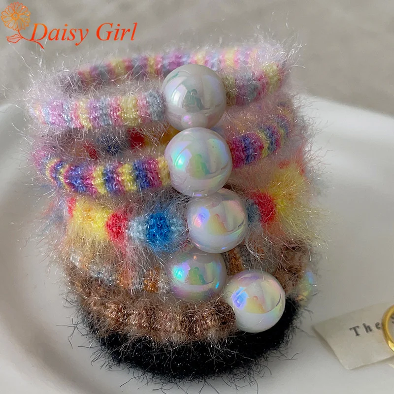 New Sweet Rainbow Wool Hair Tie Elegant Does Not Damage Women Hair High Elastic High Ponytail Pearl Hair Rope Hair Accessories