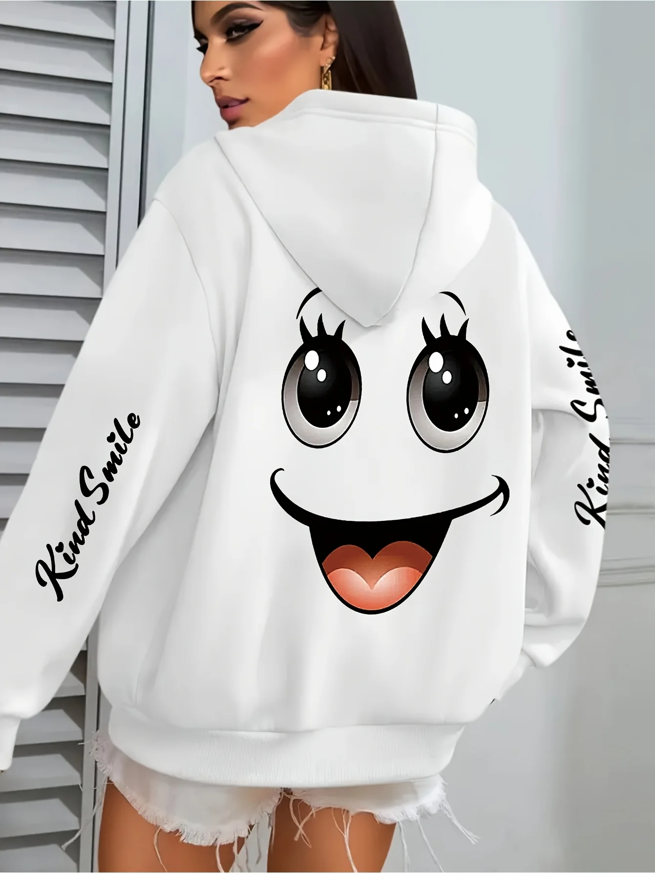 Oversized Hoodie für Damen mit niedlichem, großem Gesichts-Grafikdruck, langärmelig, lässig, für den Alltag, Streetwear, weicher Kapuzenpullover
