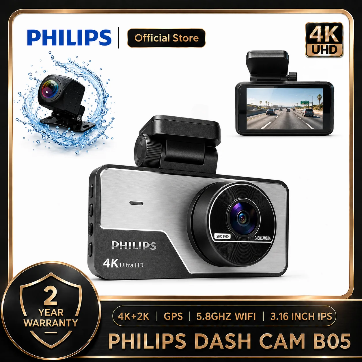 Image of PHILIPS Dashcam B05 4K+2K HDR Dual Front- und Rückkamera 3,16 Zoll IPS 2,4G 5,8G WLAN APP GPS-Unterstützung 24H Parküberwachung Bewegungserkennung Auto-DVR