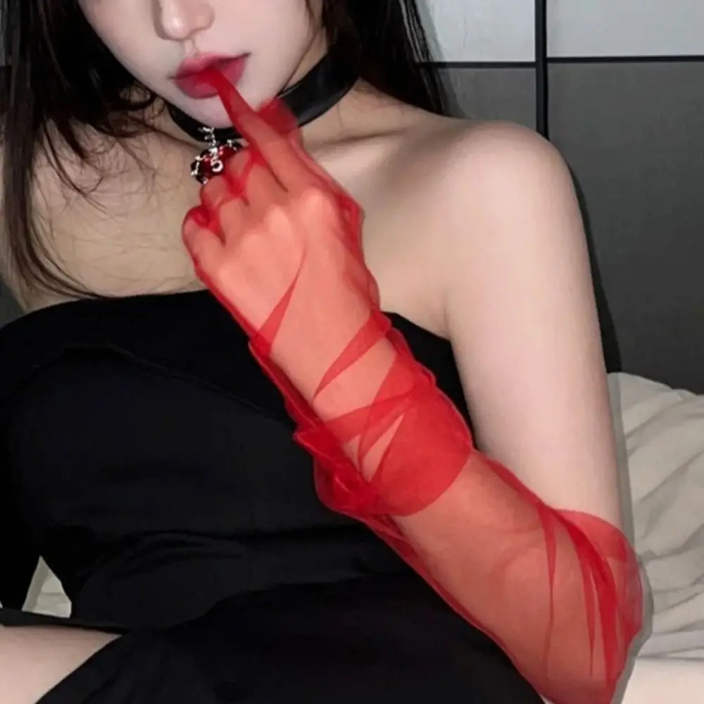 قفازات شفافة طويلة شبكية رفيعة للحفلات المسائية بإصبع كامل 70 سنتيمتر قفازات سلسة للحماية من الشمس قفازات طويلة شفافة للنساء