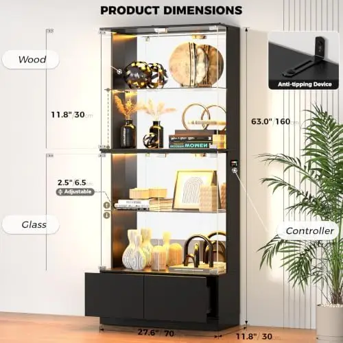 Display Cabinet with Glass Doors, 4-Tier Curio Cabinet with RGB Lights for Collectibles, Display Case with 2 Drawers view 2