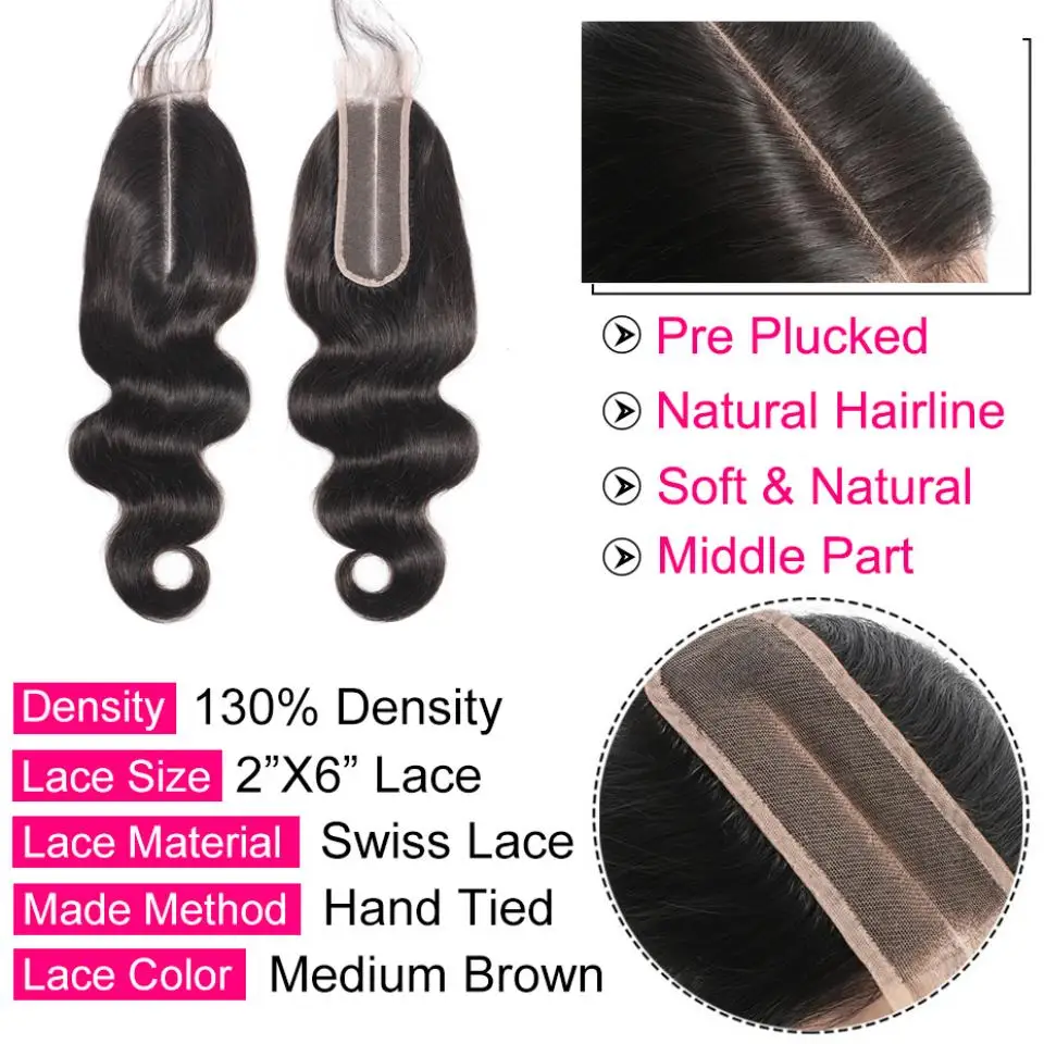 Bling Hair 2x6 Brazilian Straight Hair Closure with Baby Hair Remy Human Hair Closure Swiss Transparent Lace Natural Color 8-22\