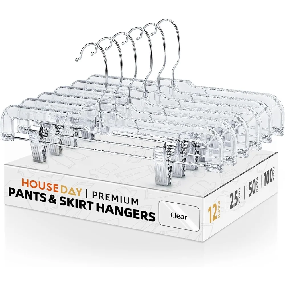 

12 Pack 14 inch Clear Plastic Skirt Hangers with Adjustable Clips, Pants Hangers 360-Rotating Swivel Hook, Clip Hangers for Pan