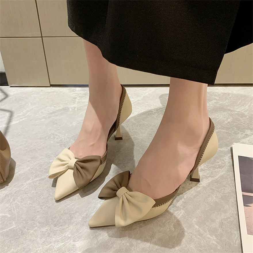 Bow High Heels For Women In Spring 2025 New Korean Version Pointed Shallow Cut Fashionable Color Blocking Hollow Fashion Shoes