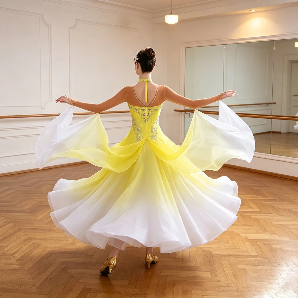 Elegant Ballroom Competition Dance Dress For Women Rhinestone Waltz Performence Gown Big Swing Chiffon Modern Dance Costume