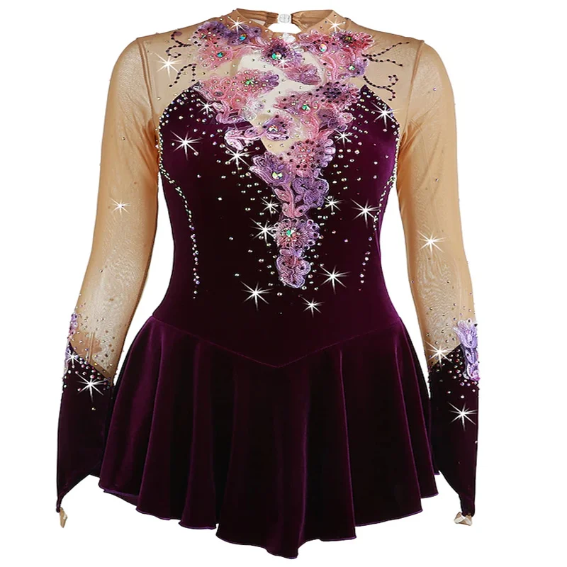 Girls' Ice Skating Dress Spandex High Elasticity Competition Skating Wear Warm Handmade Jeweled Rhinestone Ice Skating