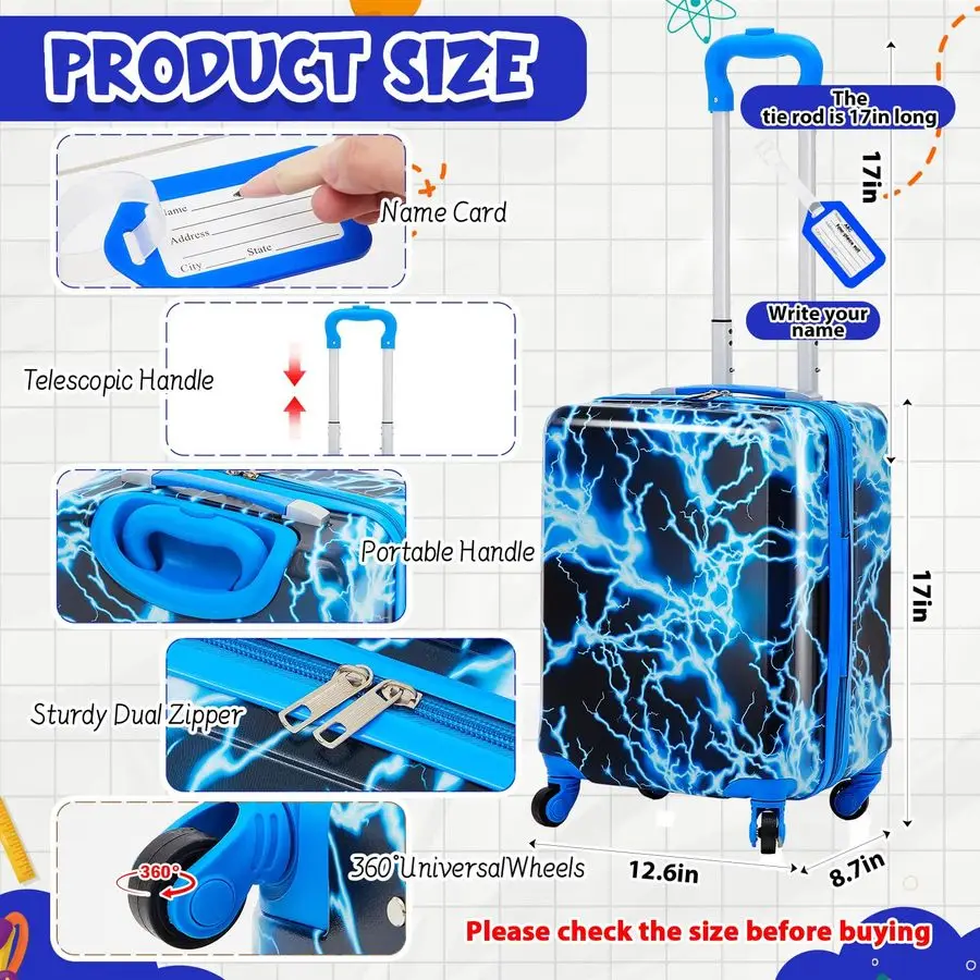 

Pcs Kids Luggage Set Gifts for Christmas 17 Inch Kids Rolling Luggage Double Pattern Suitcase for Boys GirlsBlue,17 Inch,Lightni