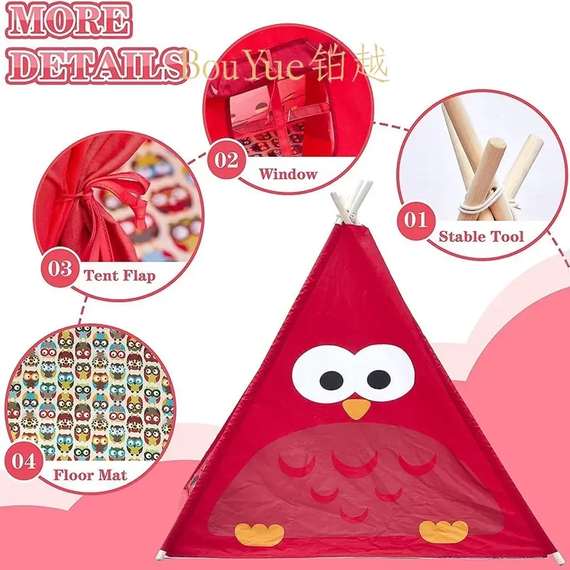 Kids Teepee Tent Cotton Canvas Playhouse for Boys Girls Indoor Outdoor Activity Red Triangle Tipi House Children Game Castle