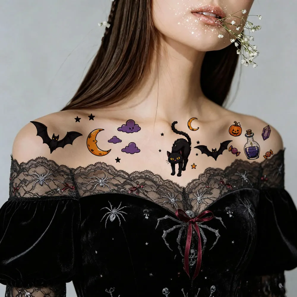 30pcs Waterproof Halloween Temporary Tattoos Cartoon Pumpkin Ghost Witch Skeleton Stickers Halloween Party Decor