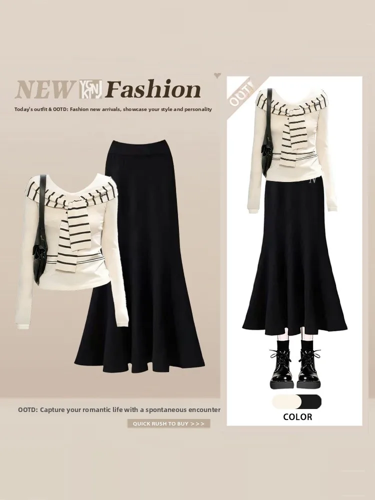 

Модный женский комплект с полосатой юбкой-русалкой и топом на одно плечо с длинным рукавом в стиле тай-дай для весеннего повседневного образа