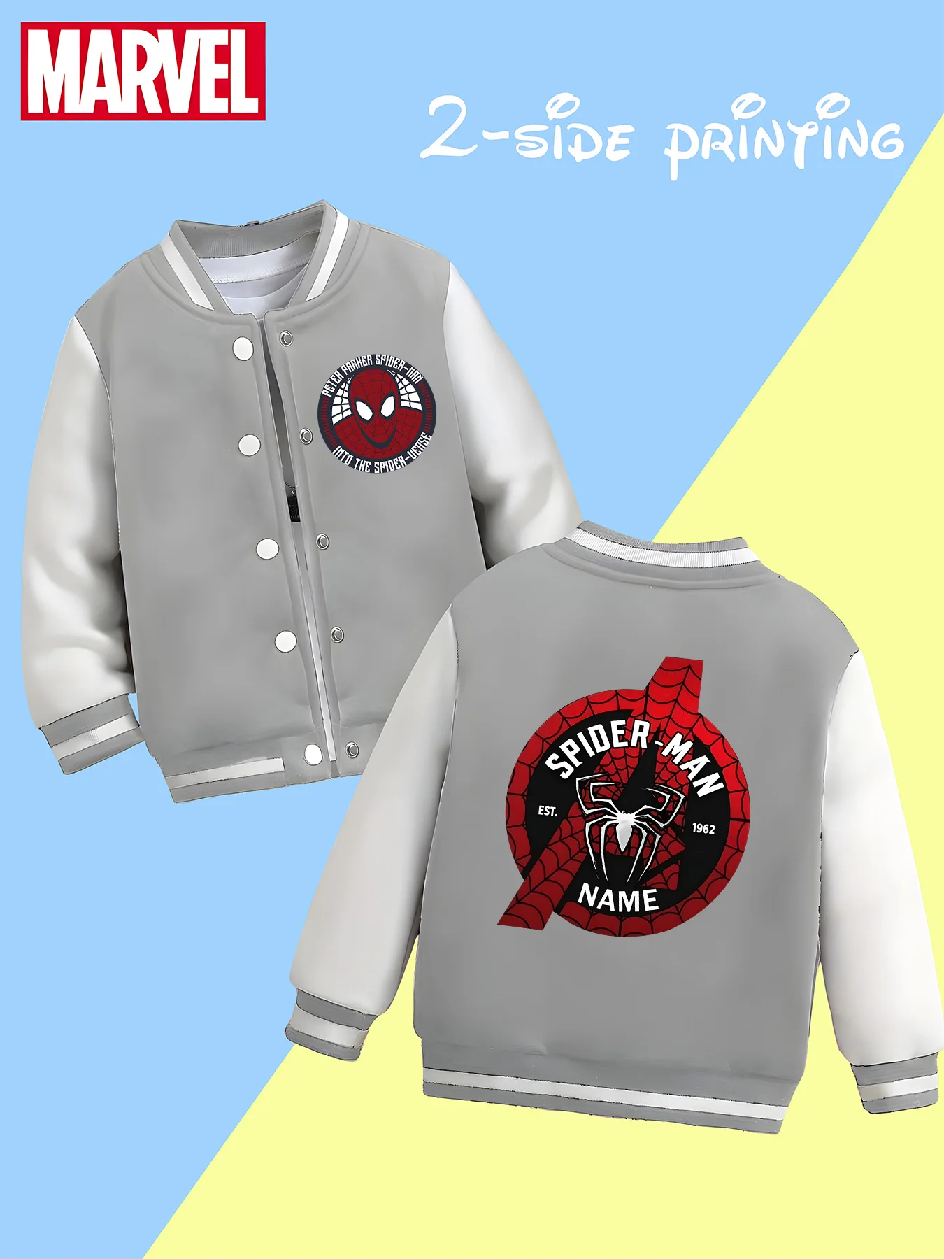 MINISO 마블 남아용 야구 재킷 - 스파이더맨 레트로 배지 프린트, 클래식 요소의 양면 융합, 학교에 적합