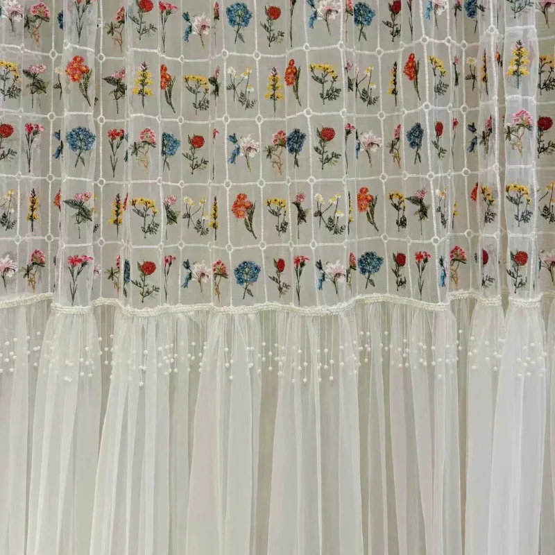 French Retro Floral Embroidery Gauze Curtain Splicing Skirt Edge Curtains for Living Room Bedroom French Window Customized