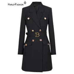 Fashion Woman Blazer 2022 Waist Slim Double Breasted Belt Jacket Spring Fall Solid Elegant Office Dress