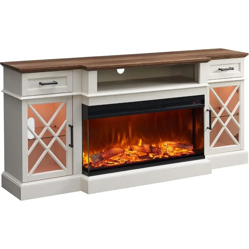 Fireplace TV Stand, 70'' Stand，with 3-Sided Glass,for TVs Up To 80 in, with 2 Drawers & 2 Storage Cabinet,Electric Fireplace