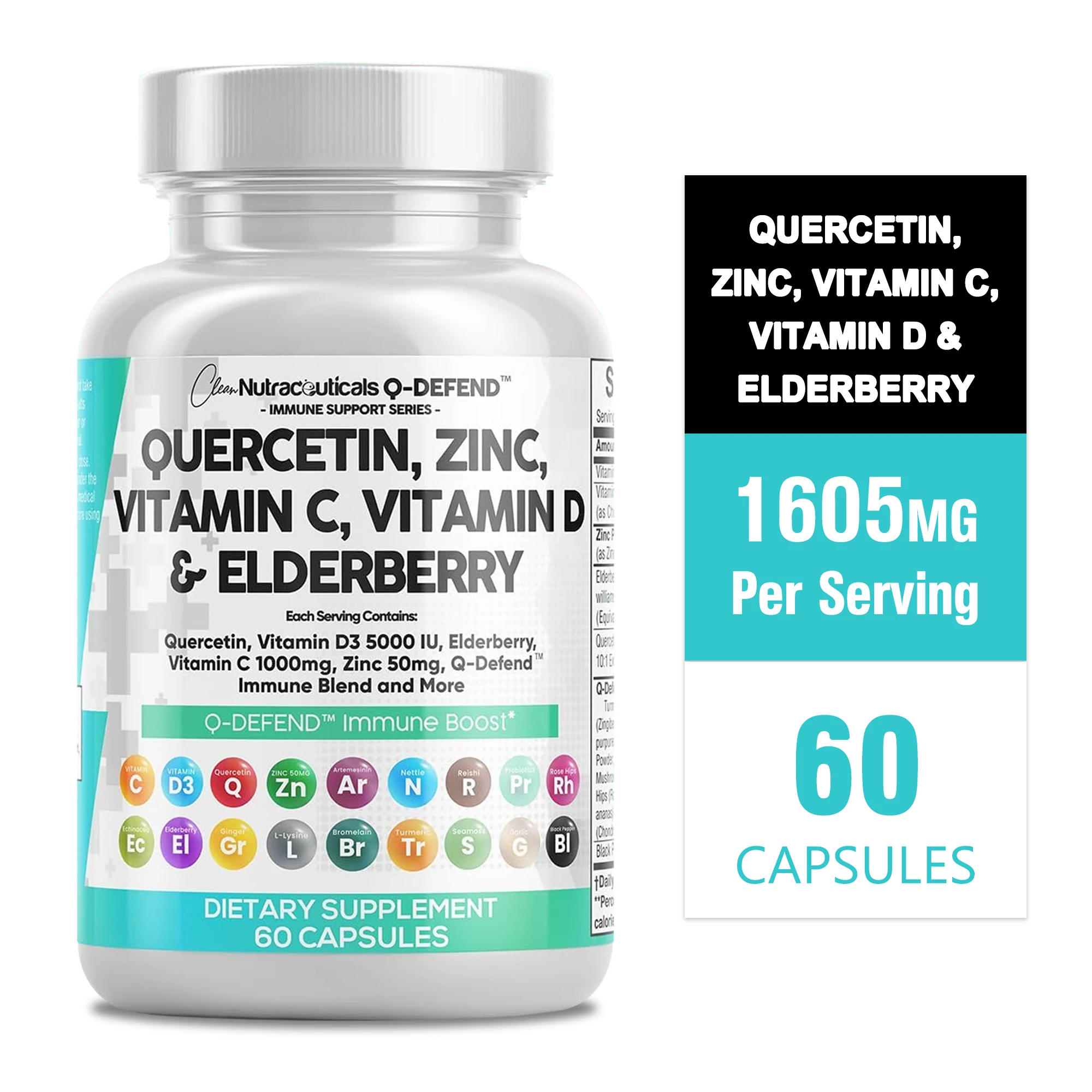 

Quercetin, Zinc, Vitamin C, D and Elderberry - Contains Black Pepper To Support Immune System Health and Enhance Absorption