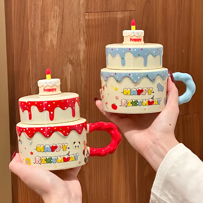 450ml Adorable Cartoon Cake Ceramic Mug Happy Birthday Print Pattern Design Cup Gift for Boys Girls to Gifting Besties Friends