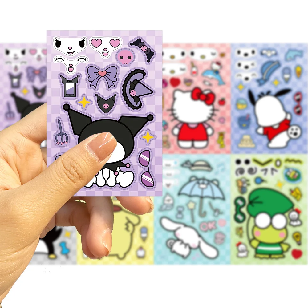 MINISO 8/16 Sheets Anime Stickers Sanrio Mix Kuromi Hello Kitty Children Puzzle Make Assemble Cartoon Game Decal Jigsaw Kid Toy