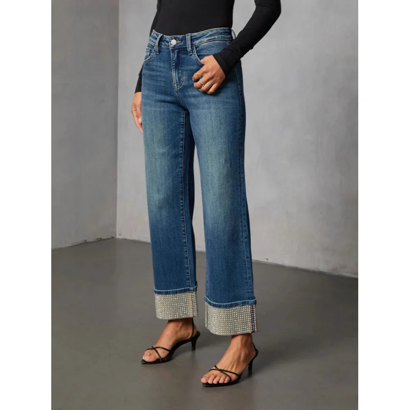 Women's Straight Leg Jeans Casual Washed Diamond Detail Autumn Fashion 2026 Comfortable Fit High Waist Mid-Length