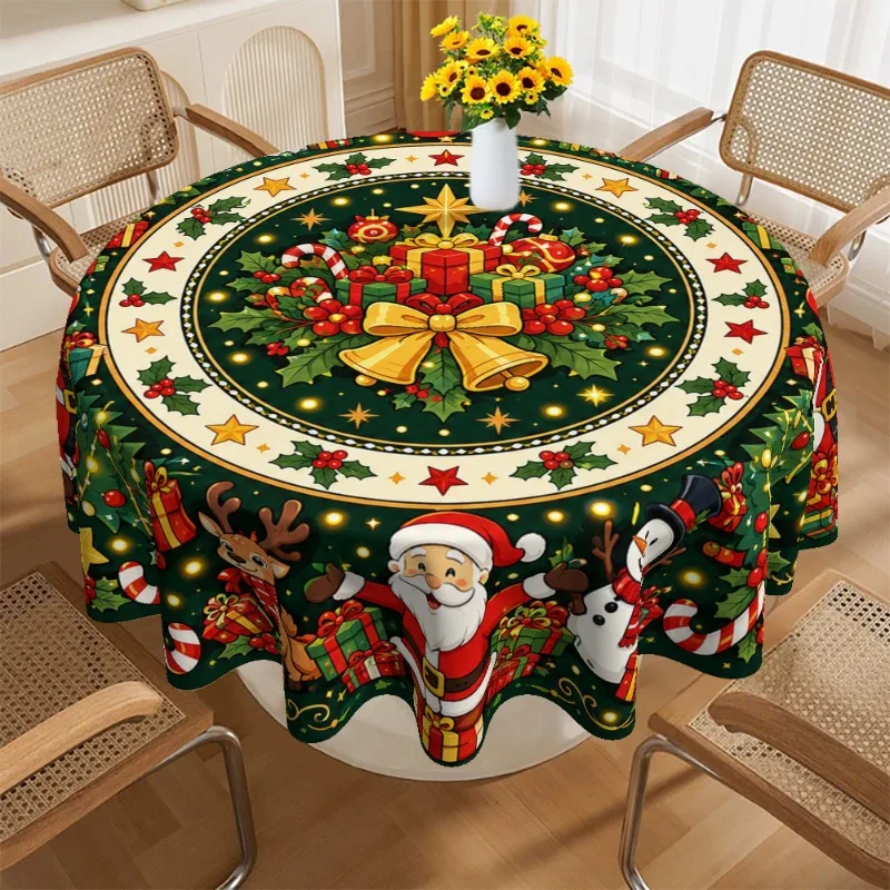1 tablecloth, Christmas-themed round tablecloth with Santa, reindeer, snowman and holiday decorations