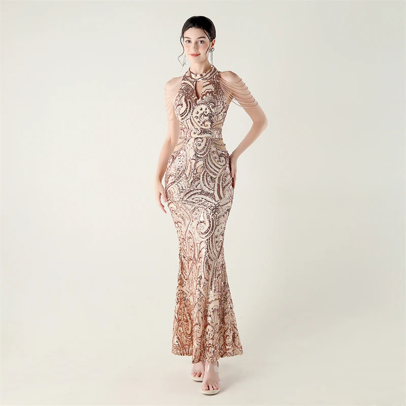 المرأة الصيف بلا أكمام مثير أنيقة قطع الديكور مطرزة كوكتيل حفلة موسيقية فاخرة مساء حفلة مناسبة رسمية فستان طويل