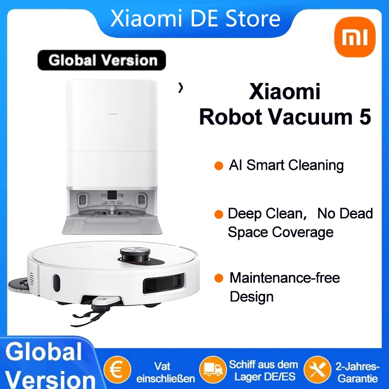 XIAOMI Robotstofzuiger 5 EU Global Version (X20+ Upgrade) - Intelligente moplift, LDS-lasernavigatie, 99% haarverwijderingspercentage, automatische stofopvang, spraakbesturing