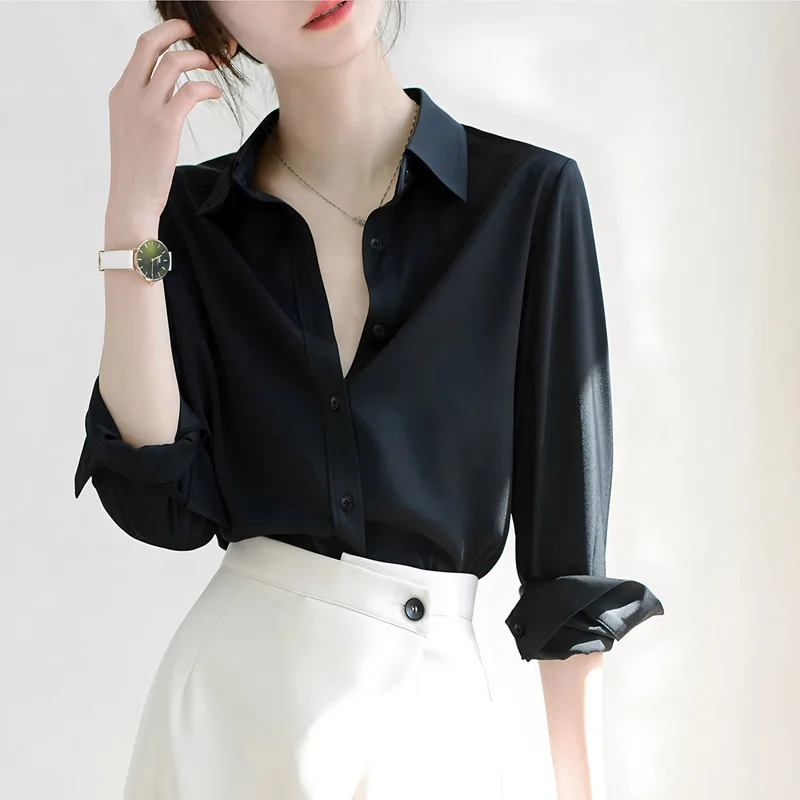 Camicetta da donna elegante bianca con colletto rovesciato primavera autunno nuove camicie da ufficio larghe casual monopetto stile francese femminile