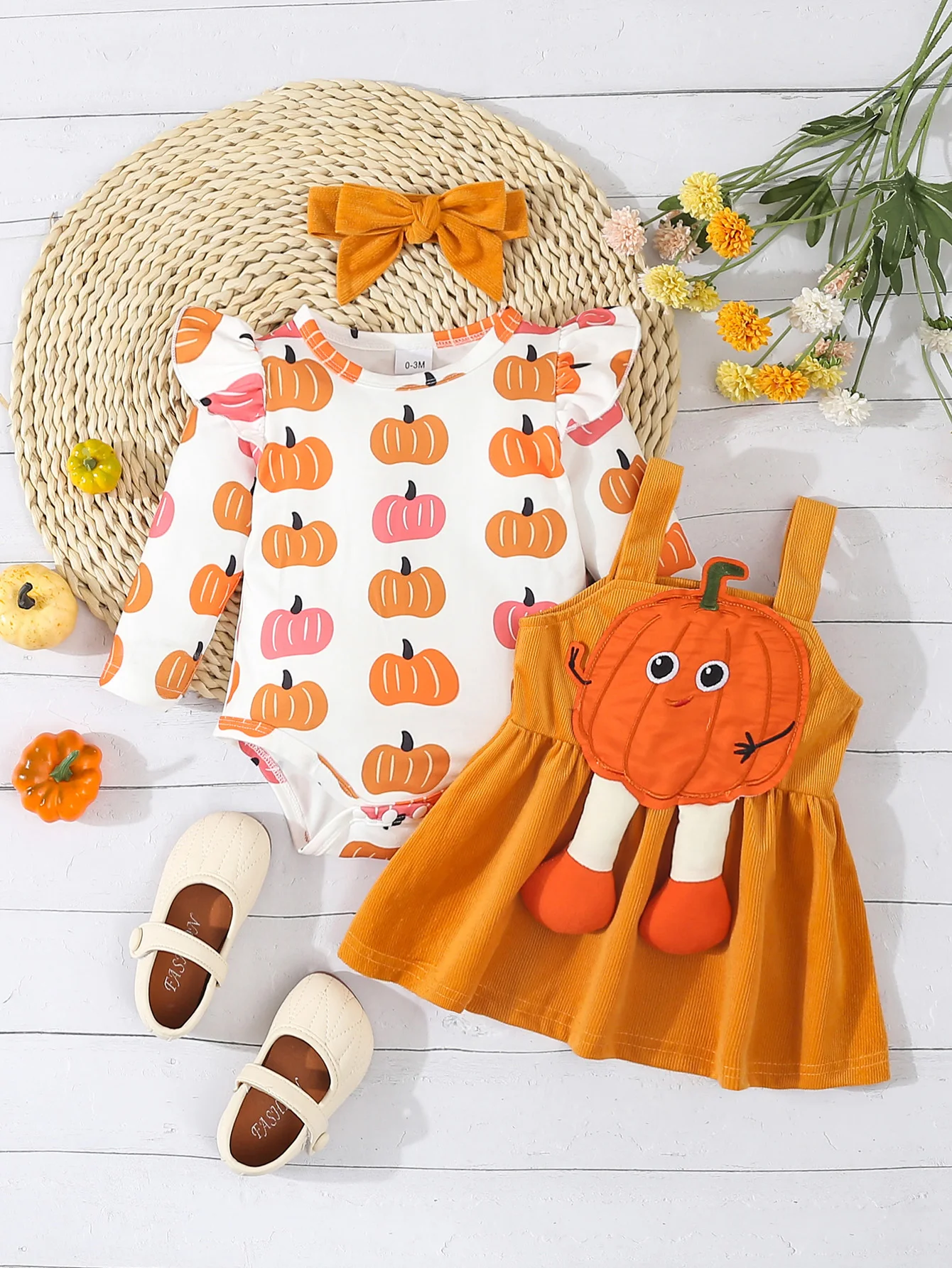 Cute Halloween pumpkin boy patch embroidered filled cotton suspender skirt with full printed one-piece triangle suit and headscarf 3-piece set