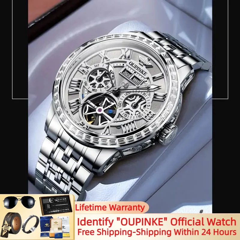 

OUPINKE Men's Automatic Mechanical Watch Luxury Skeleton Diamond Watch Ring Date Week 50M Waterproof Stainless steel Wristwatch