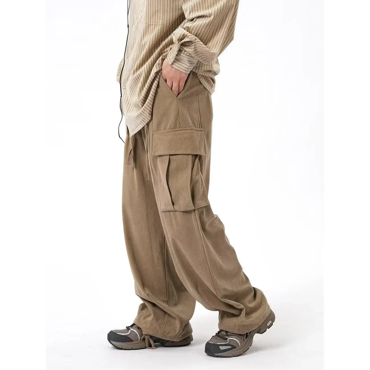 Vintage City Boy Corduroy Cargo Pants Loose Fit Wide Leg Casual Trousers For Men Women Basic Style Casual Clothing