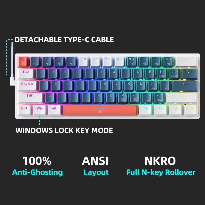 Machenike K500-B61 Mini Teclado Mecánico 60% Factor de Forma 61Teclas Teclado Gaming Con Cable Tecla Completa Retroiluminación RGB Hot-Swappable