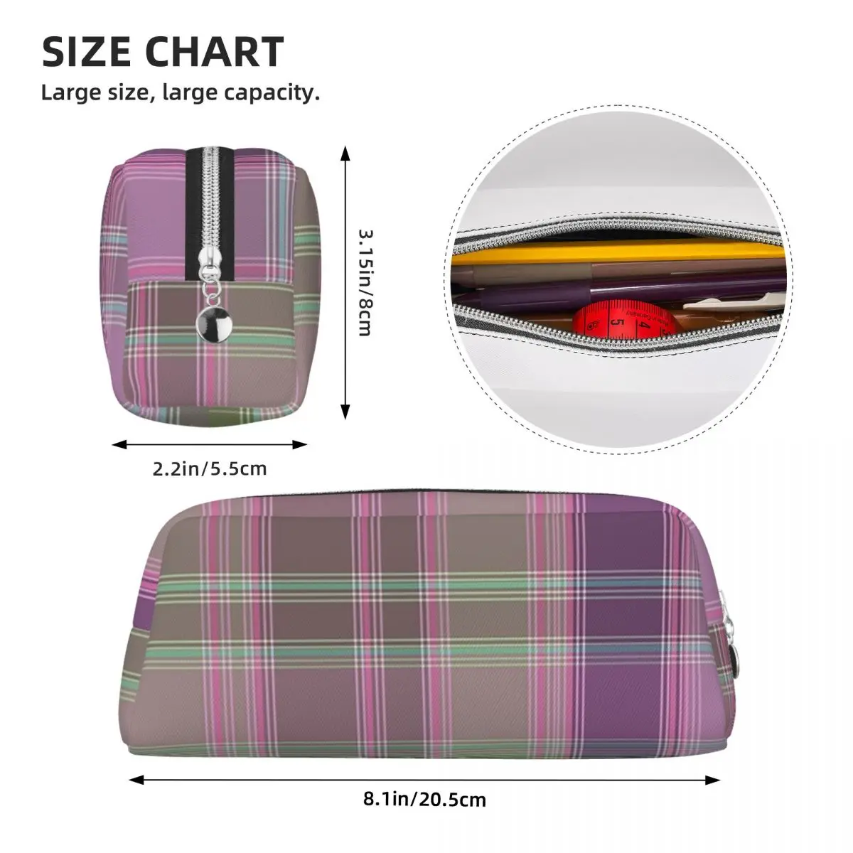 Green And Lilac Tartan Plaid Pencil Cases for Student Gifts Pen Box Pencil Bag Pencil Pouch Pen Holder view 3