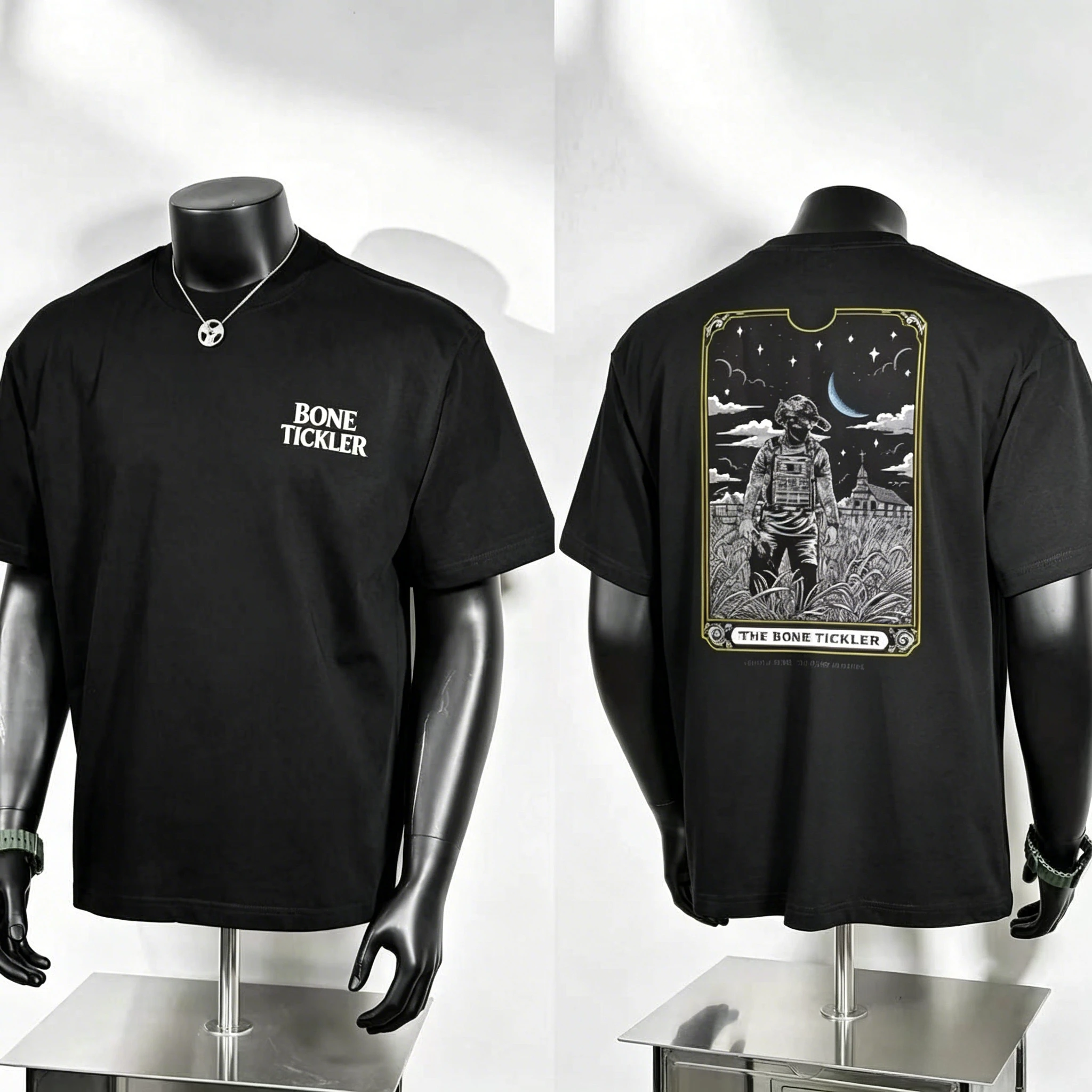 Dark Tactical Fan Graphic T Shirt, Tarot Framed Night Field Tactical Character with Moon Church Background Back Print